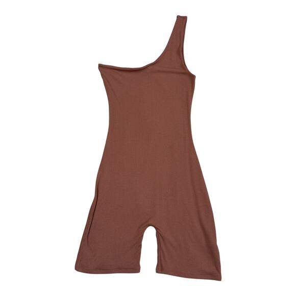 NEW NAKED WARDROBE Light Brown Microrib One Shoulder Romper Size M - Picture 1 of 5